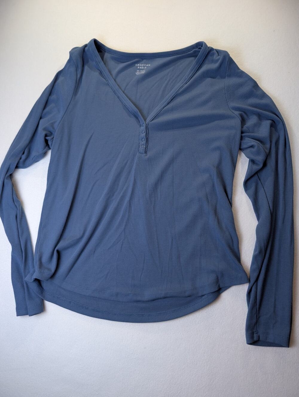 American Eagle Blue Blue Ribbed Long-Sleeve Henley Top Size XXL
